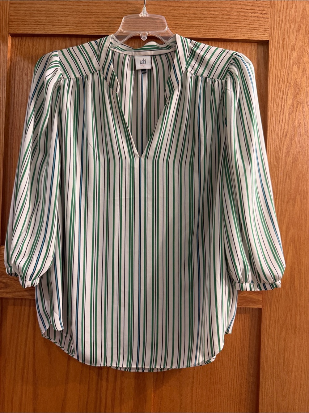 CAbi Green & White Striped V-Neck Puff Sleeve Blouse